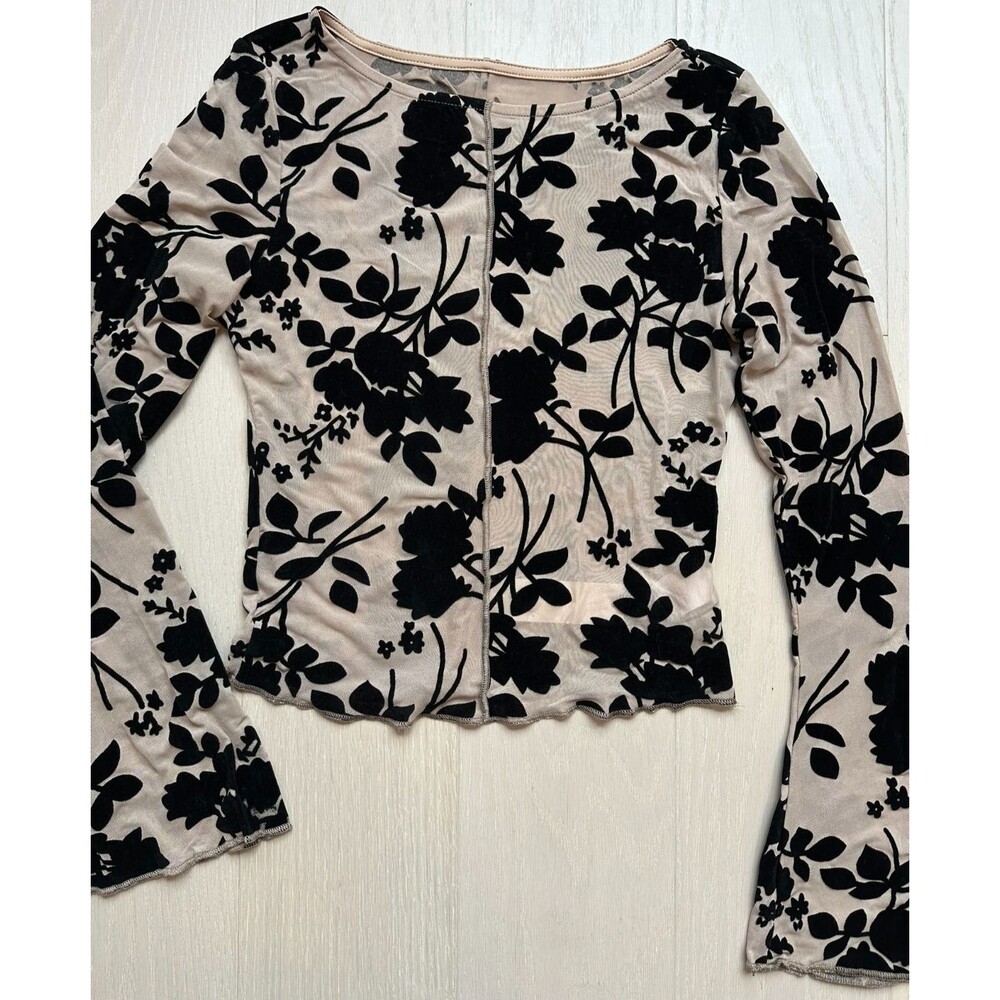 Commense Sheer Mesh Top Burnout Velvet Floral Lettuce Hem Flare Sleeve M NWT